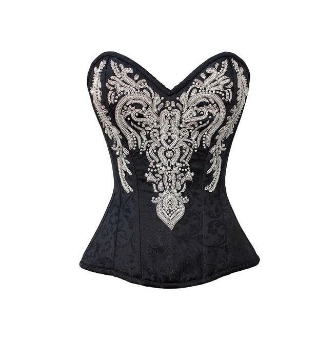 Black Brocade Silver Sequins Goth Halloween Costume Burlesque Overbust Corset