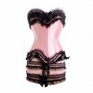 Baby Pink Satin Black Frill Halloween Costume Burlesque Overbust Corset Dress