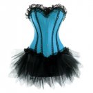Blue Satin Gothic Burlesque Halloween Costume Black Net Skirt Overbust Corset Dress