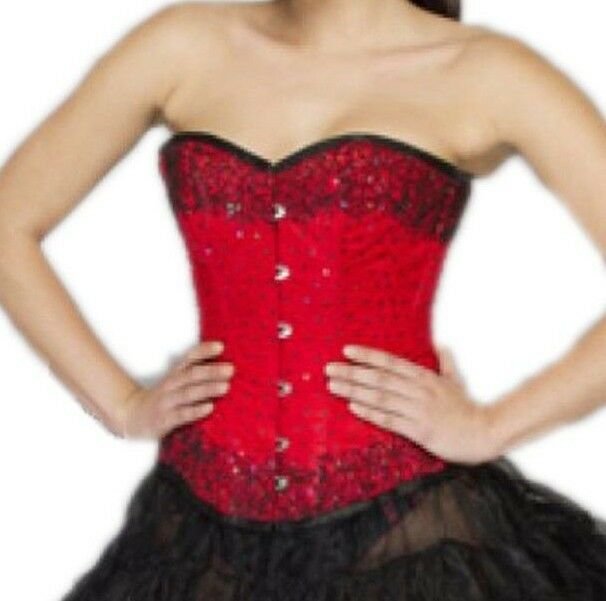 Red Satin Handmade Sequins Halloween Burlesque Waist Training Overbust Corset