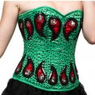 Green Satin Handmade Sequins Halloween Burlesque Waist Trainer Overbust Corset