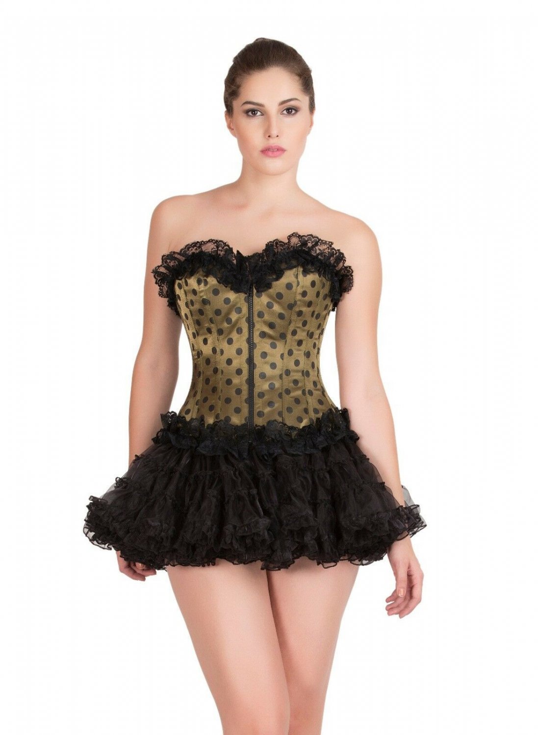 Olive Green Satin Polka Dot Halloween Burlesque Overbust Tutu Skirt Corset Dress