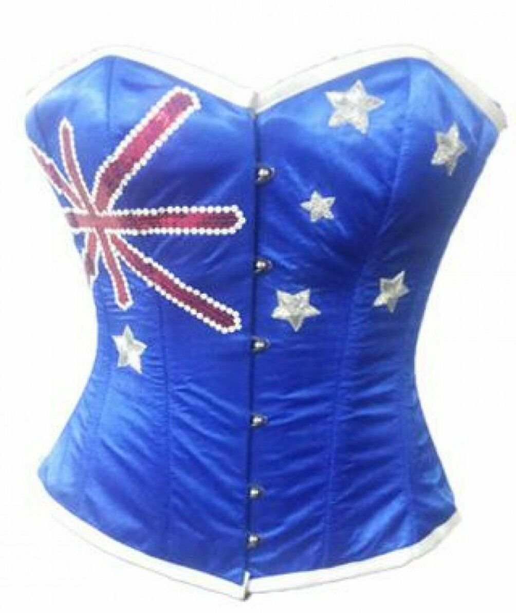 Blue Satin Australia Flag Sequins Halloween Burlesque Bustier Overbust Corset