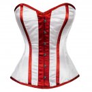 White Satin Red Stripes Halloween Costume Bustier Waist Tariner Overbust Corset