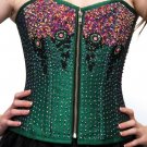 Green Silk Sequins Halloween Burlesque Waist Training Bustier Overbust Corset