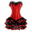 Red Satin Black Frill & Tutu Skirt Burlesque Overbust Corset Dress