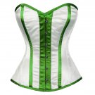 White Satin Green Stripes Burlesque Goth Halloween Costume Overbust Corset Top