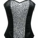 Black White Satin Sequins Halloween Burlesque Waist Cincher Overbust Corset