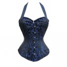 Blue Black Brocade Halter Neck Goth Halloween Costume Overbust Corset Top