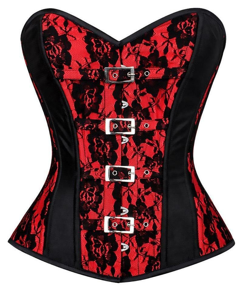 Red Black Satin Net Goth Halloween Costume Burlesque Bustier Overbust Corset Top