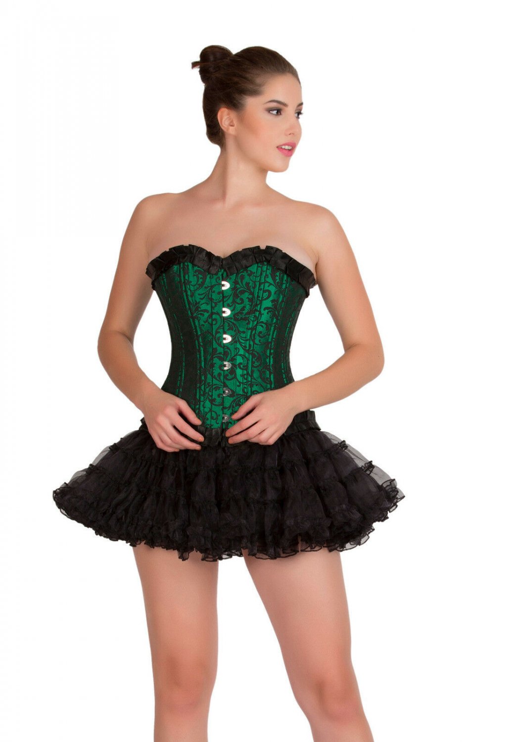 Green Black Brocade DOUBLE BONE Halloween Overbust Tutu Skirt Corset Dress