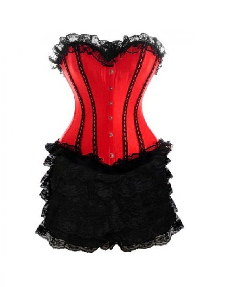 Red Satin Black Frill Tutu Skirt Halloween Burlesque Overbust Corset Dress
