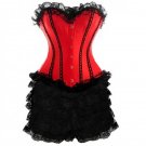 Red Satin Black Frill Tutu Skirt Halloween Burlesque Overbust Corset Dress
