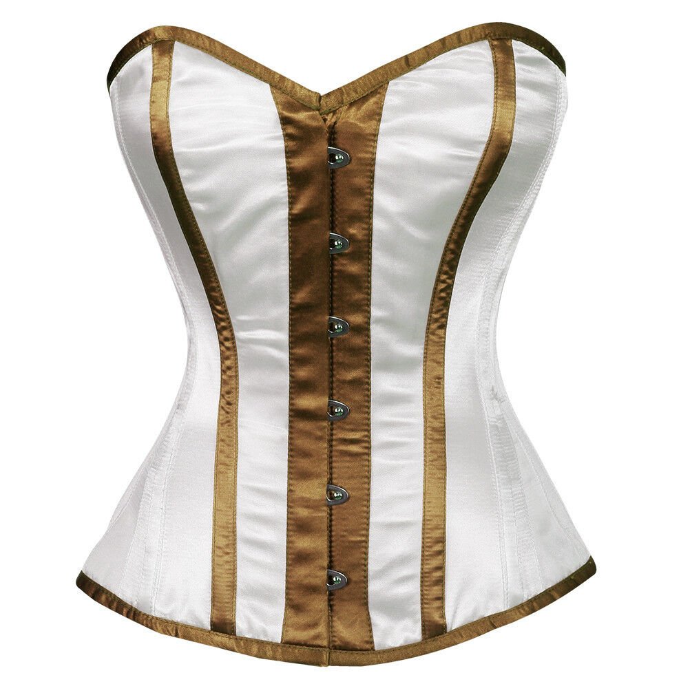 White Satin Brown Stripes Goth Halloween Costume Waist Training Overbust Corset
