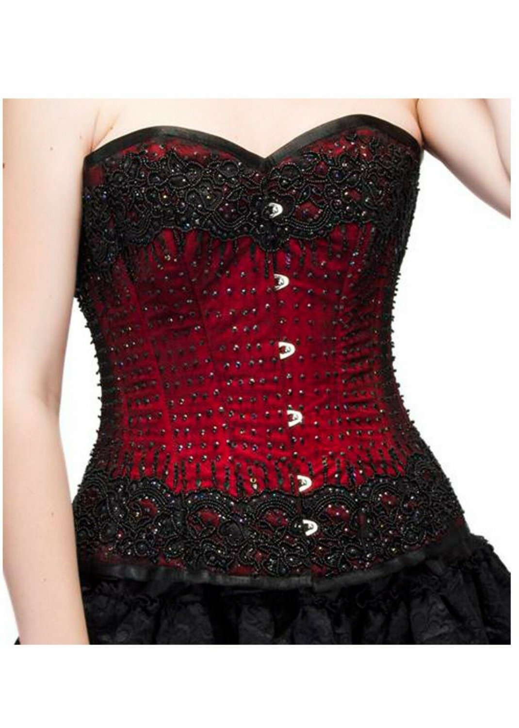 Red Satin Black Handmade Sequins Halloween Waist Training Overbust Corset