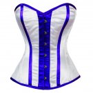 White Satin Blue Stripes Halloween Costume Waist Shaper Overbust Corset