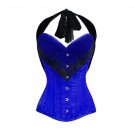 Blue Satin Net Lacing Halloween Costume Waist Training LONG Overbust Corset