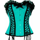 Baby Blue Satin Black Lacing Halloween Costume Burlesque Overbust Corset Top