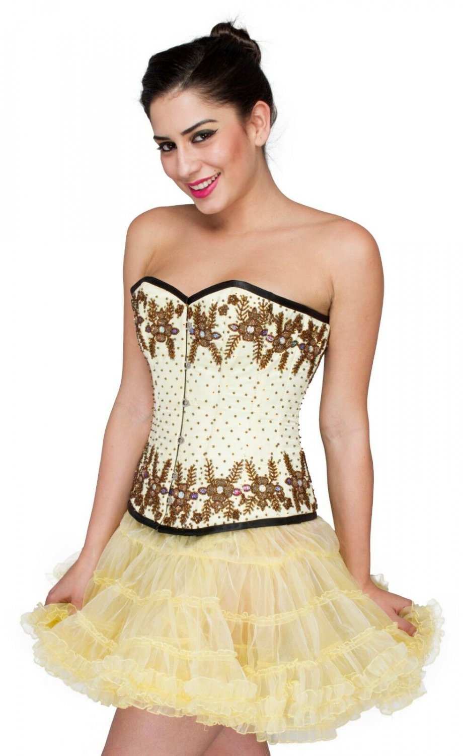 Yellow Satin Handmade Sequins Goth Halloween Costume Overbust Corset Dress