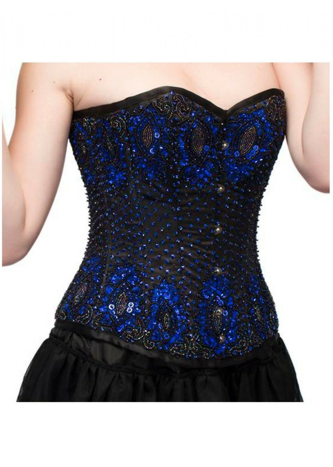 Blue Satin With Black Handmade Sequins Halloween Burlesque  Overbust Costume