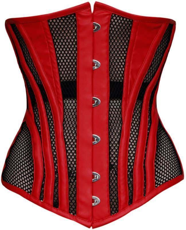 Red Satin Black Net Goth Halloween Costume LONG Underbust Sheer Corset Top
