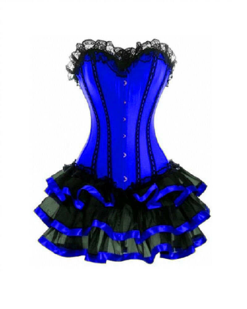 Blue Satin Black Frill Tutu Skirt Burlesque Overbust Corset Dress