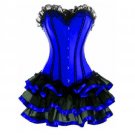 Blue Satin Black Frill Tutu Skirt Burlesque Overbust Corset Dress