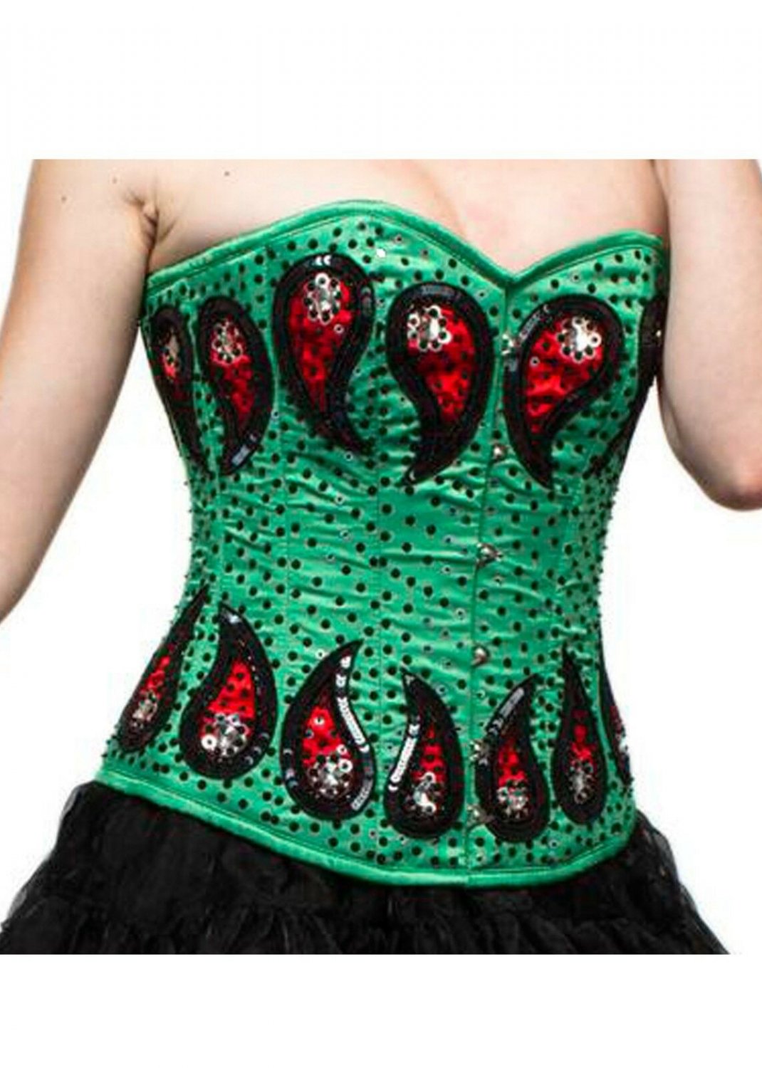Green Corset With Red Sequins Hand Work Halloween Overbust Corset Top
