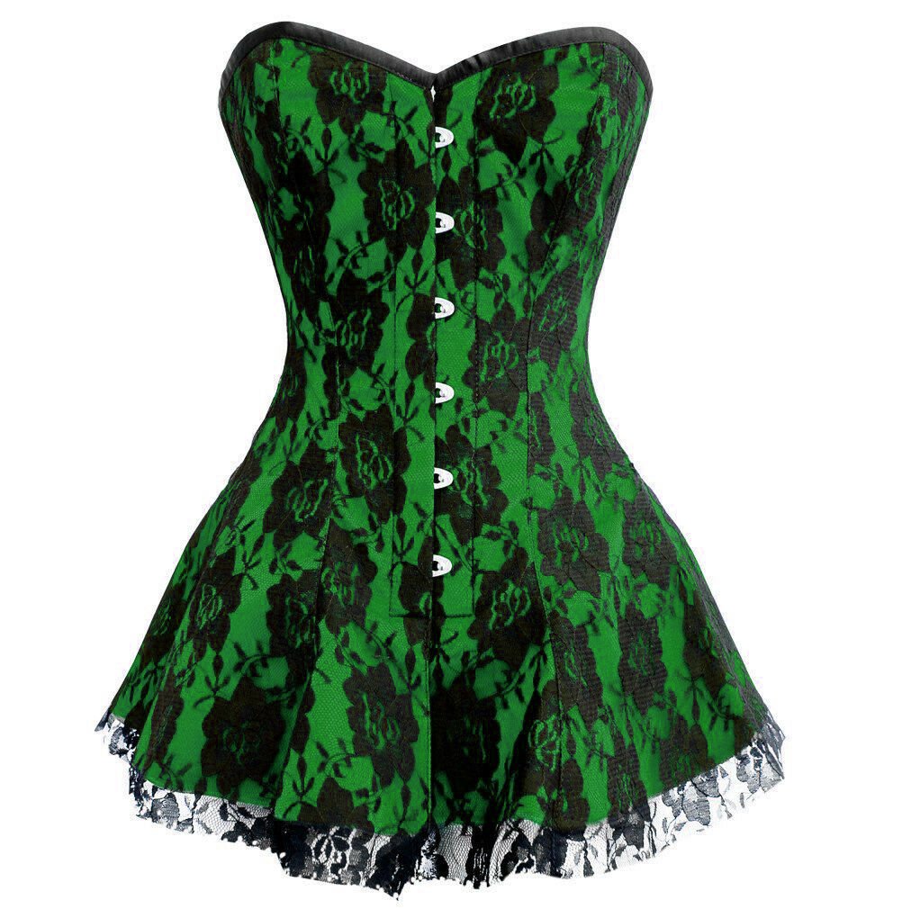 Green Satin Black Net Goth Burlesque Costume Overbust Corset Dress