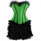 Green Satin Black Frill Tutu Skirt Halloween Burlesque Overbust Corset Dress