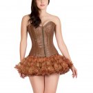 Sexy Brown Corset Leather Zipper Burlesque Overbust Tissue Skirt Halloween Dress
