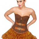 Brown Corset Cotton Brocade and Leather Belt Burlesque Overbust Halloween Dress