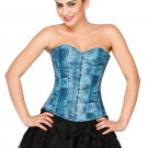Blue Corset Denim Print Faux Leather Overbust Top and Skirt Halloween Prom Dress