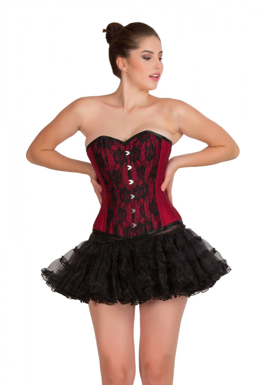 Red Corset Lining Poly Cotton Black Net Overbust Tutu Skirt Halloween Prom Dress