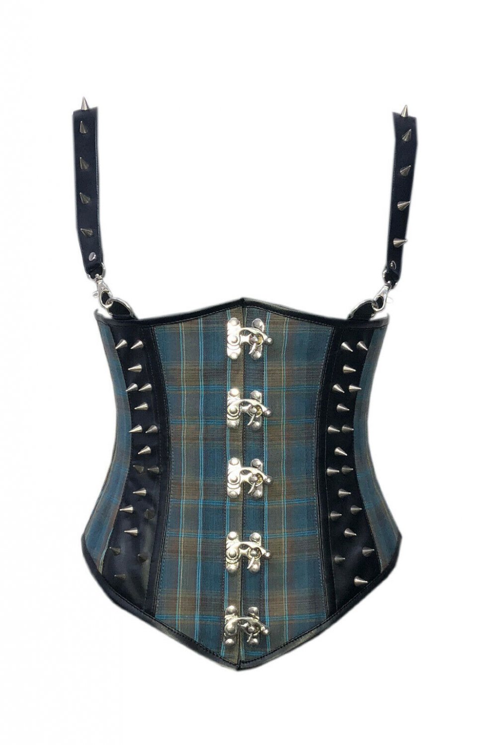 Blue Checkered Cotton Black Leather Strap Gothic PLUS SIZE Corset Underbust Top