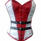 Red And White Satin Black Leather Belts Christmas Overbust Corset Waist Cincher