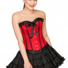 Christmas Red Corset Satin Black Frill Burlesque Overbust Top with Skirt Dress