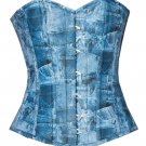 Blue Denim Print Leather Steampunk Bustier Overbust Christmas Corset Costume Top