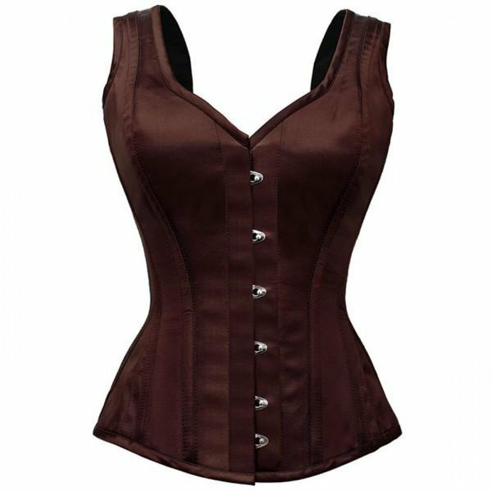 Brown Satin Shoulder Strap Burlesque Christmas Overbust Corset Waist Training