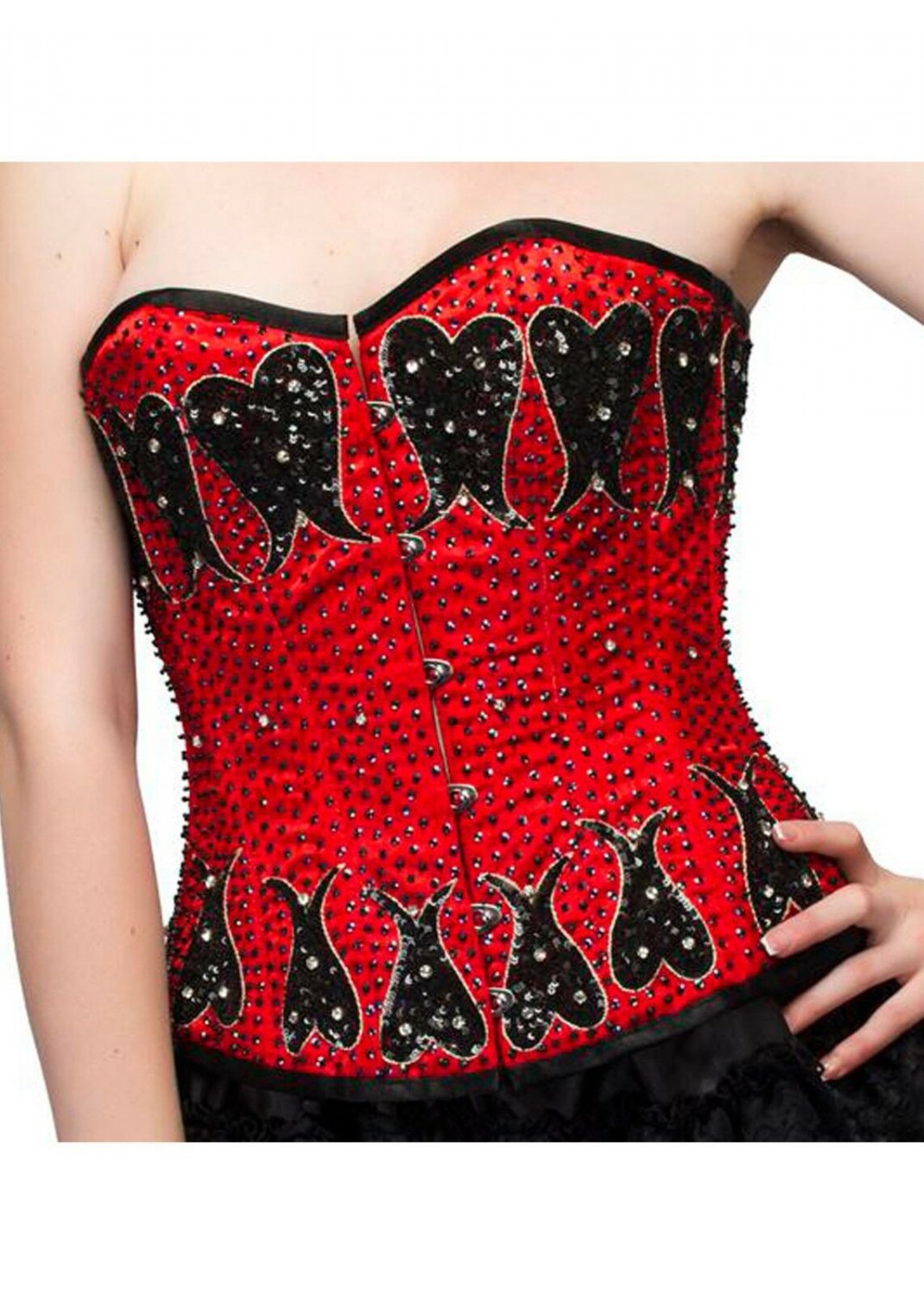 Red Satin Sequins Burlesque Christmas Costume Overbust Corset Waist Cincher