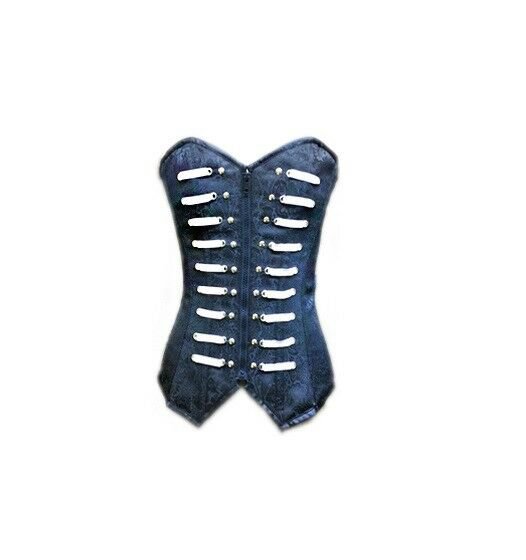 Blue Brocade Zipper Steampunk Bustier Burlesque Long Overbust PLUS SIZE Corset