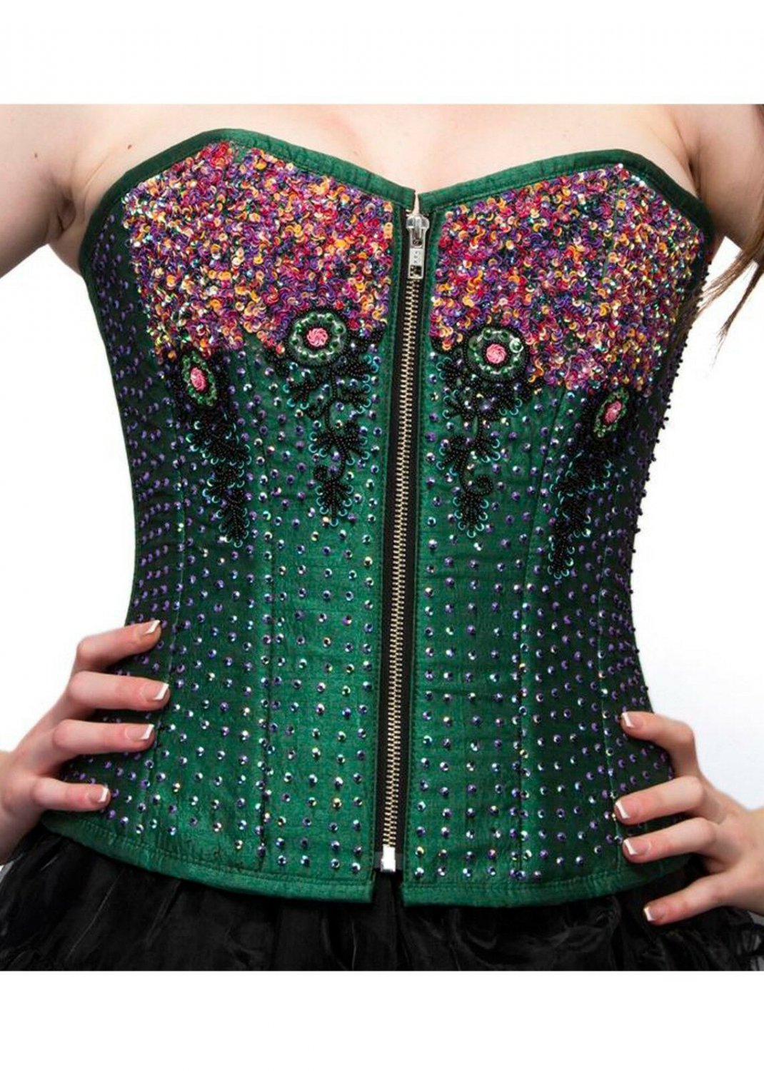 Green Silk Sequins Burlesque Overbust PLUS SIZE Corset Waist Training Costume