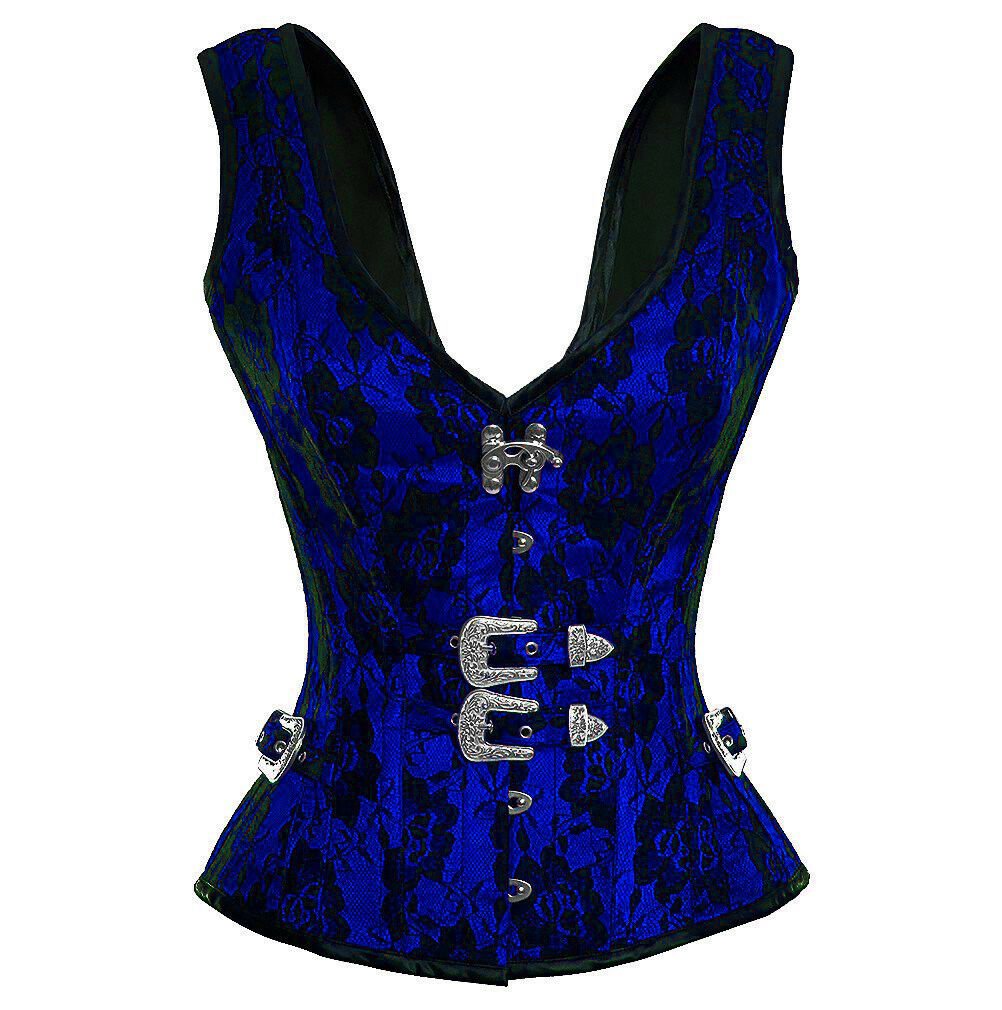Blue Satin Black Net Goth PLUS SIZE Corset Waist Shaper Bustier Overbust Costume