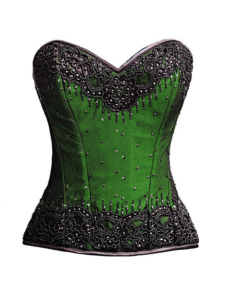 Green Satin Black Sequins Overbust Plus Size Corset Waist Shaper Gothic Costume