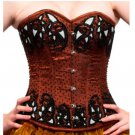 Christmas Costume Brown Satin Sequins Burlesque Overbust Corset Waist Cincher