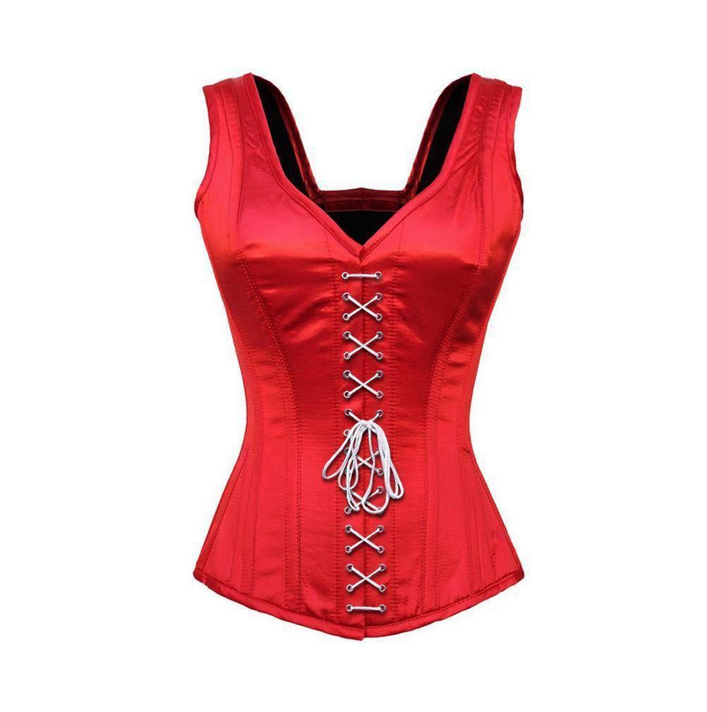 Red Satin Shoulder Strap Front White Lace Goth PLUS SIZE Corset Costume Overbust