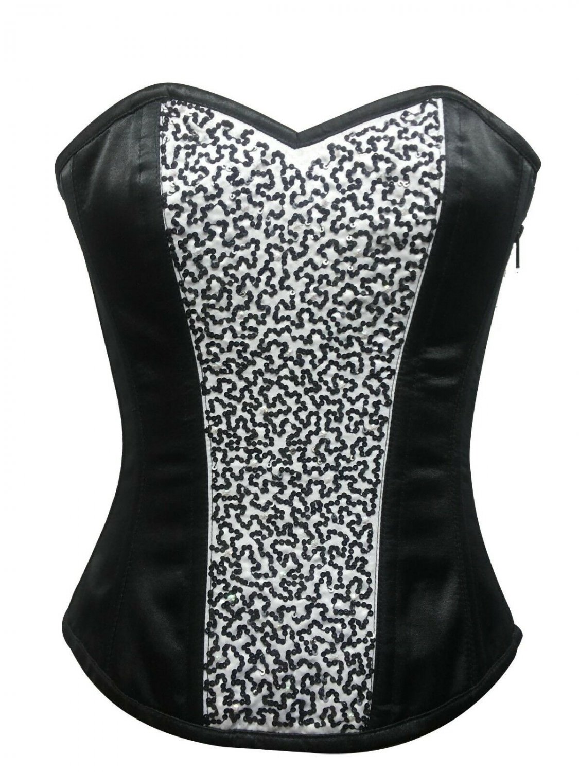 Black White Satin Sequins Christmas Burlesque Overbust Corset Waist Cincher