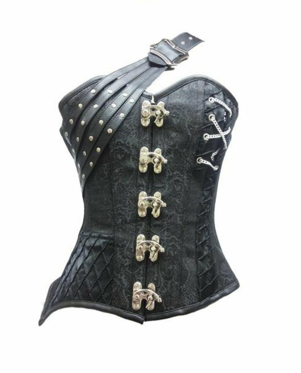 Black Brocade Leather Straps Steampunk Fantasy Christmas Costume Overbust Corset