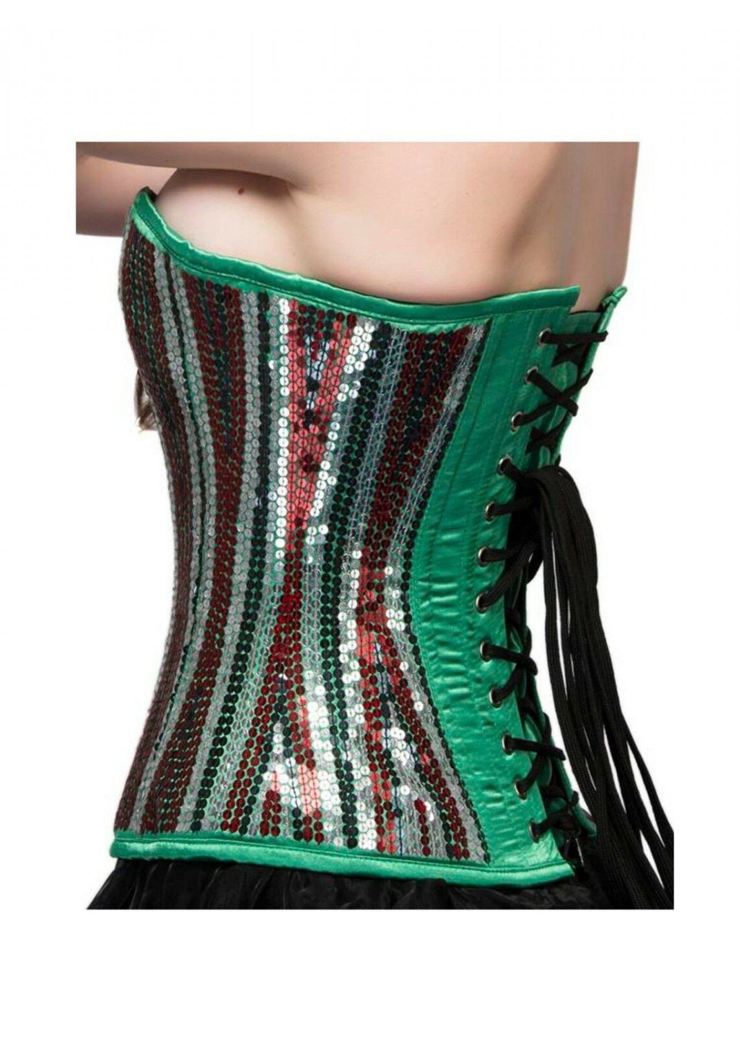 Green Satin Sequins Handmade Burlesque Christmas Overbust Corset Waist Training