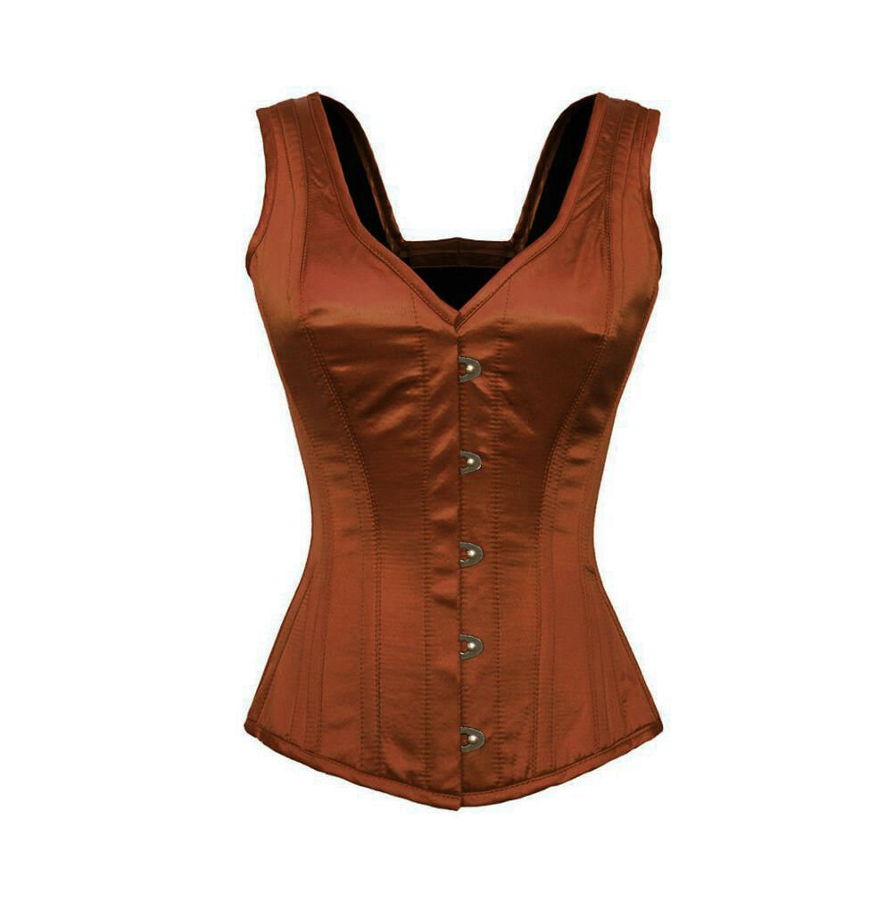 Brown Satin Burlesque Overbust PLUS SIZE Corset Costume with Shoulder Straps Top